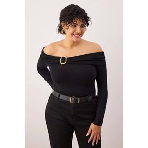 Trendyolmilla Curve Siyah Viskon Yumuşak Kumaşlı Vücuda Oturan Carmen Yaka Örme Büyük Beden Bluz