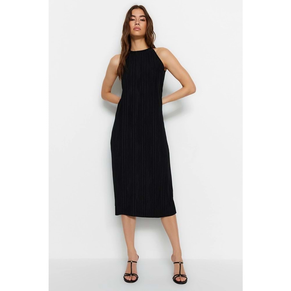 Trendyolmilla Siyah Shift/Düz Sıfır Kol Midi Piliseli Örme Elbise