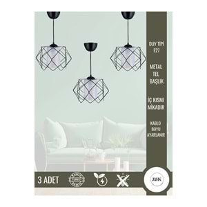 MHK Collection 3 Adet Siyah Tasarım Beyaz Mika Çok Kare Salon Mutfak Banyo Yatak Odası Çocuk Odası Antre Avize
