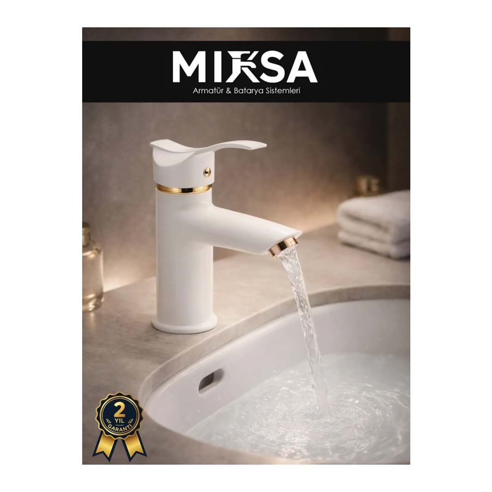Beyaz-Gold Sabit Banyo Lavabo Musluğu Bataryası