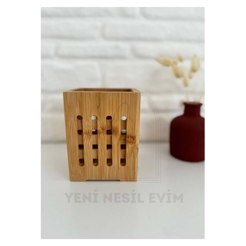 Ahşap Bambu Kare Organizer Kaşıklık Kalemlik Çok Amaçlı Düzenleyici 9*12 Cm