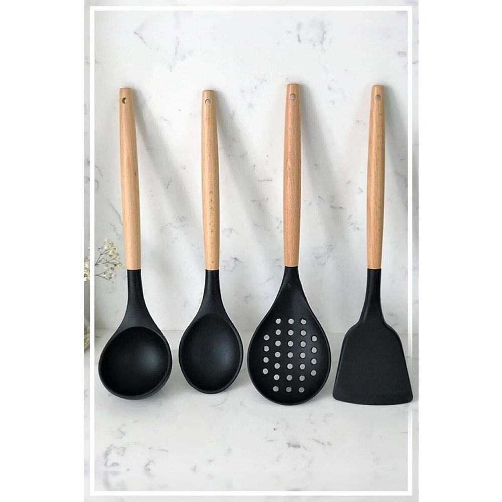 Silikon Bambu Saplı 4 Parça Mutfak Servis Seti (kepçe-kaşık-kevgir-spatula)