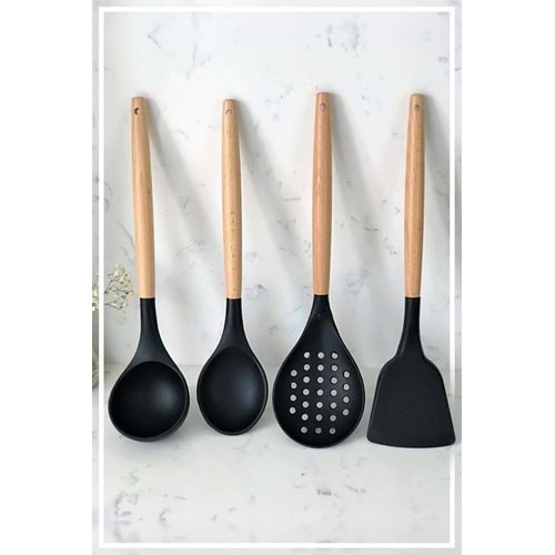 Silikon Bambu Saplı 4 Parça Mutfak Servis Seti (kepçe-kaşık-kevgir-spatula)