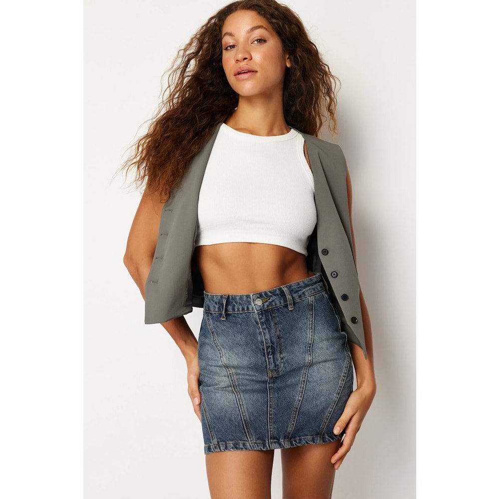 Yüksek Bel Mini Denim Kot Etek