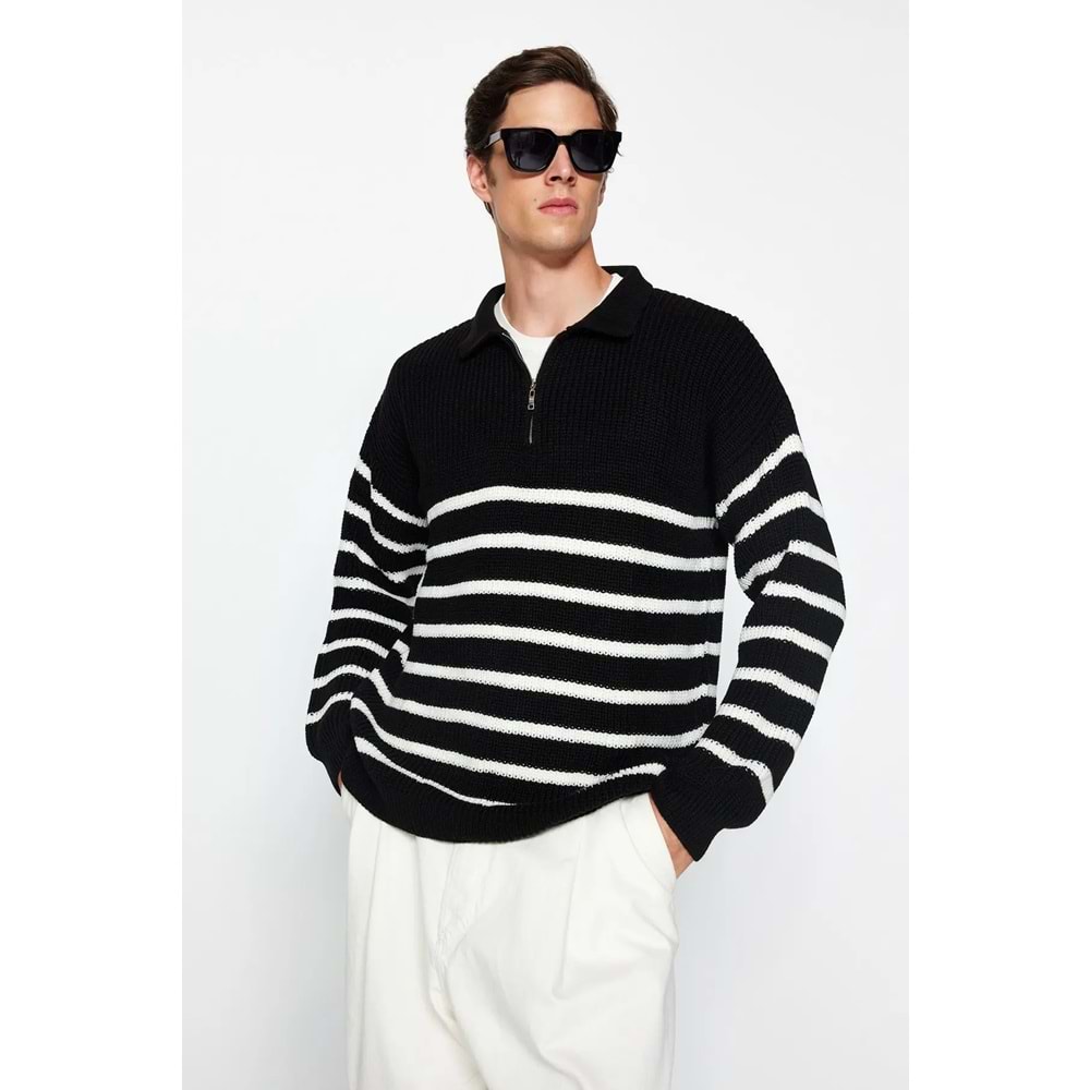Trendyolmilla Man Siyah Oversize Geniş Kalıp Polo Yaka