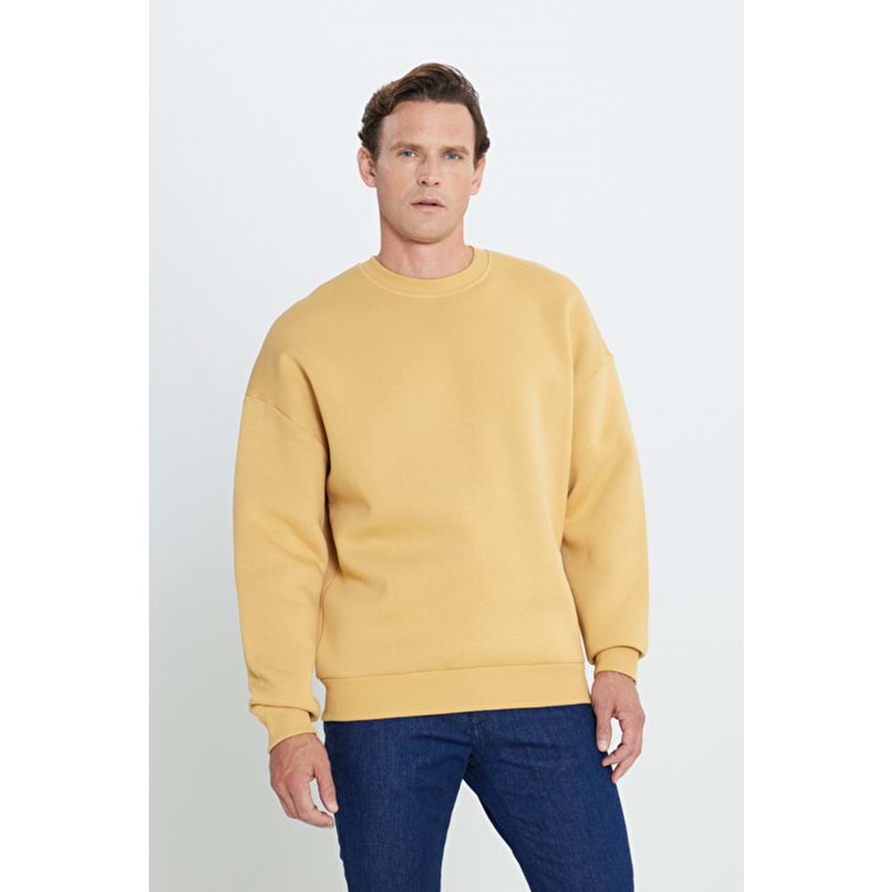 Altınyıldız Oversize Bol Kesim İçi Polarlı 3 İplik Bisiklet Yaka Pamuklu Hardal Sweatshirt