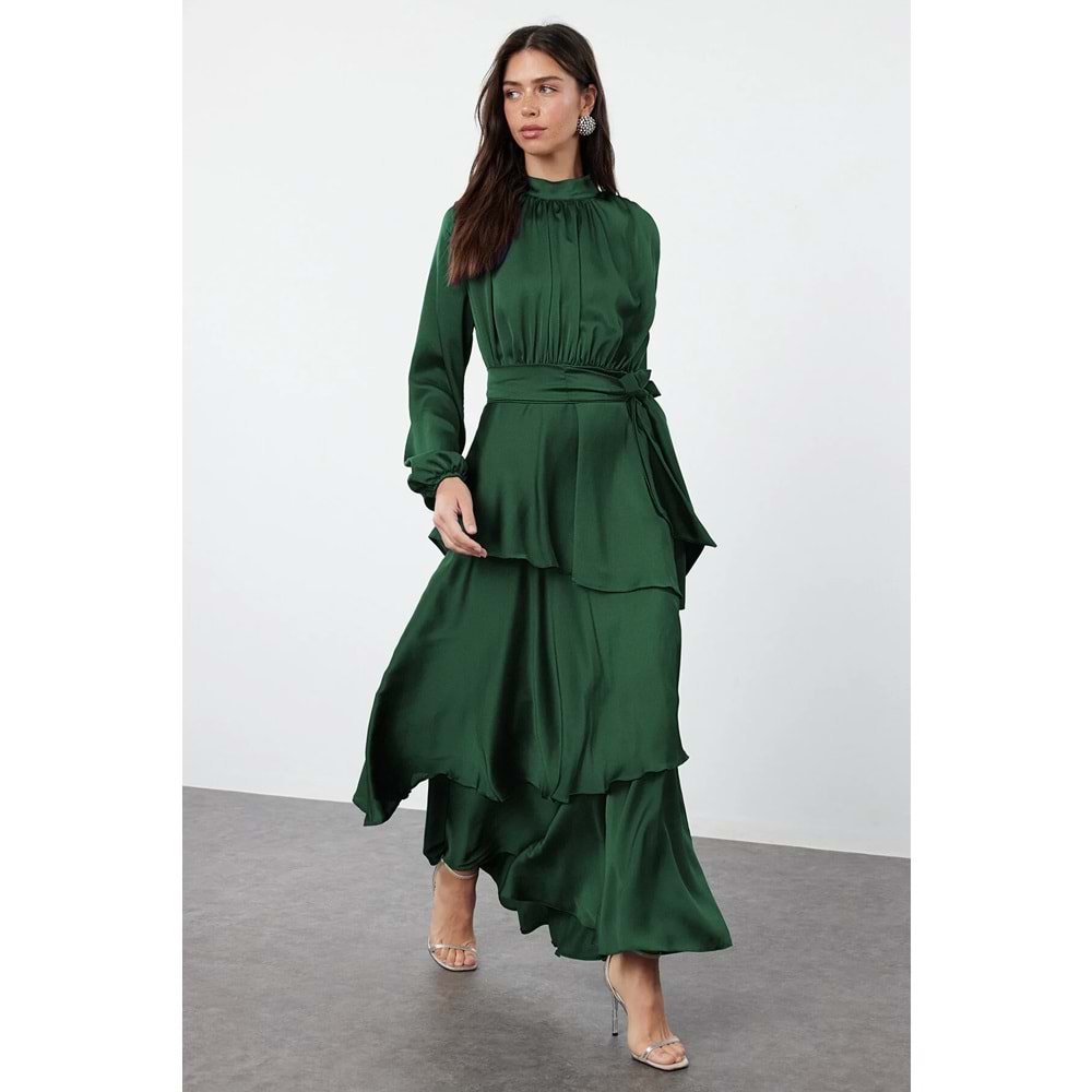 Trendyolmilla Modest Koyu Yeşil Eteği Katlı Saten Dokuma Abiye/Gece Elbisesi