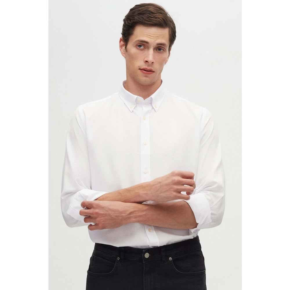 Ds Damat Slim Fit Beyaz Armürlü Düğmeli Yaka Pamuklu Gömlek