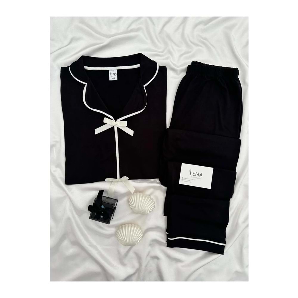Siyah Önden Fiyonk Detaylı Pijama Takım
