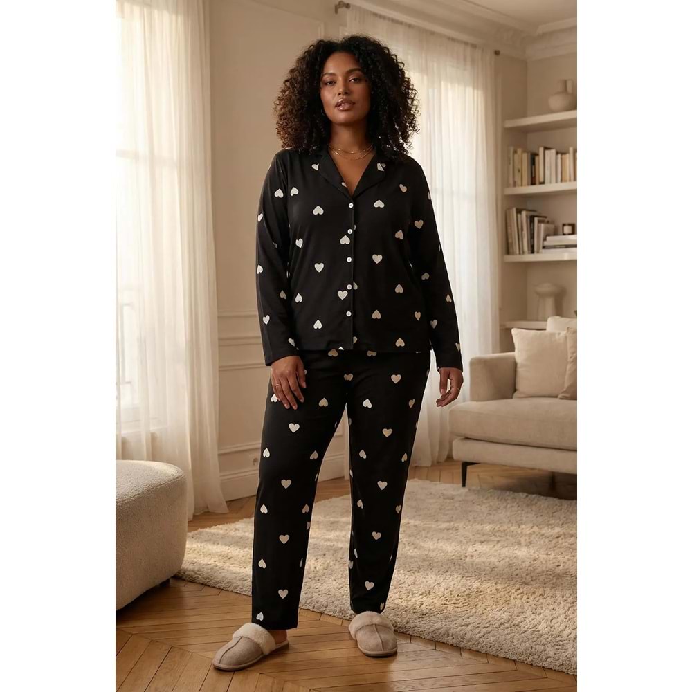 Siyah Kalpli Gömlek Yaka Örme Pijama