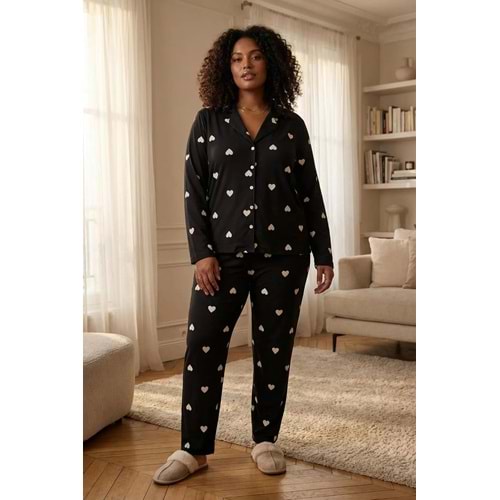 Siyah Kalpli Gömlek Yaka Örme Pijama