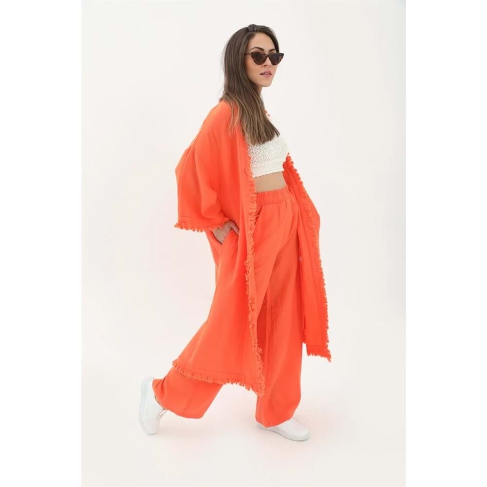 Bol Paça Oversize Keten Kimono Pantolon İkili Takım