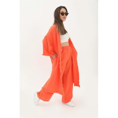 Bol Paça Oversize Keten Kimono Pantolon İkili Takım