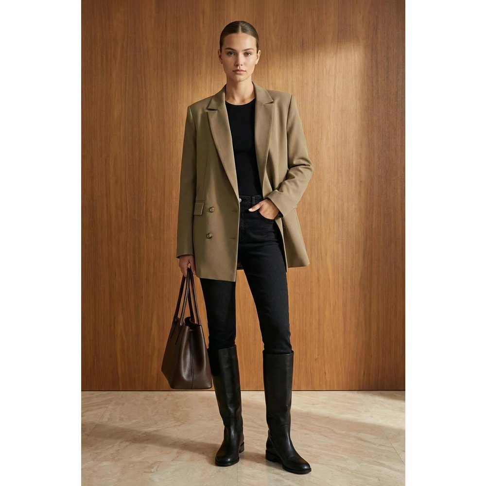 Açık Haki Oversize Astarlı Düğmeli ceket