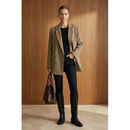 Açık Haki Oversize Astarlı Düğmeli ceket