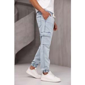 Beli Lastikli Slim Fit Elastanlı Jean Kargo Pantolon