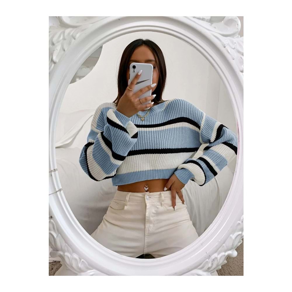 Moda Kalın Çizgili Selanik Örgü Crop Kadın Kazak