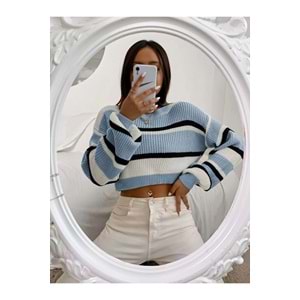 Moda Kalın Çizgili Selanik Örgü Crop Kadın Kazak