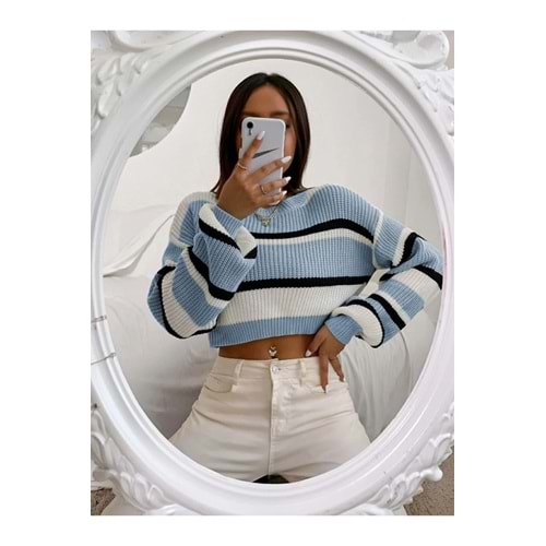 Moda Kalın Çizgili Selanik Örgü Crop Kadın Kazak