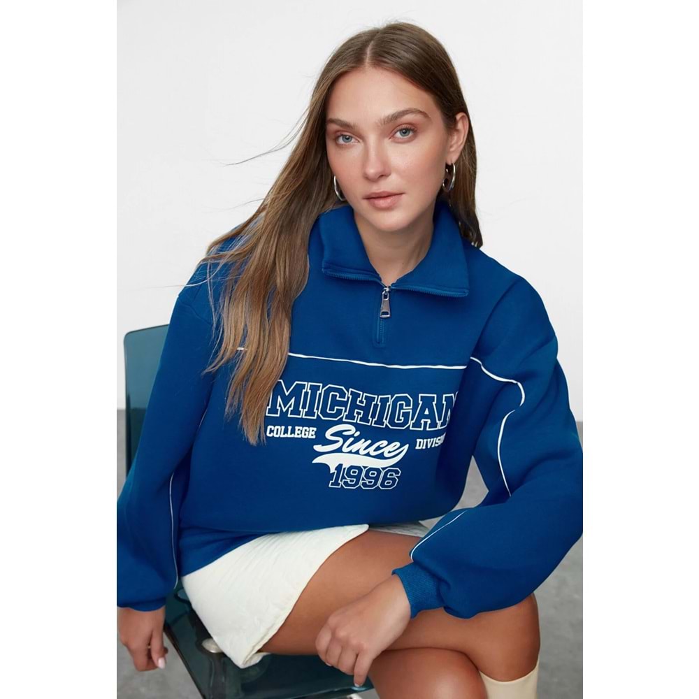 Trendyolmilla Saks Fermuarlı Baskılı Oversize Kalın İçi Polarlı Örme Sweatshirt