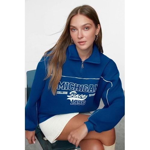 Trendyolmilla Saks Fermuarlı Baskılı Oversize Kalın İçi Polarlı Örme Sweatshirt