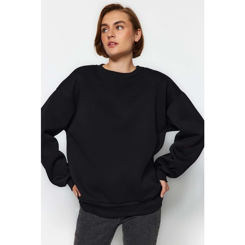 Siyah Oversize/Bol Kesim Bisiklet Yaka Kalın/İçi polarlı Örme Sweatshirt