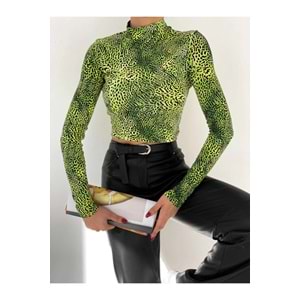 Kadın Yeşil Leopar Baskılı Balıkçı Yaka Crop Body