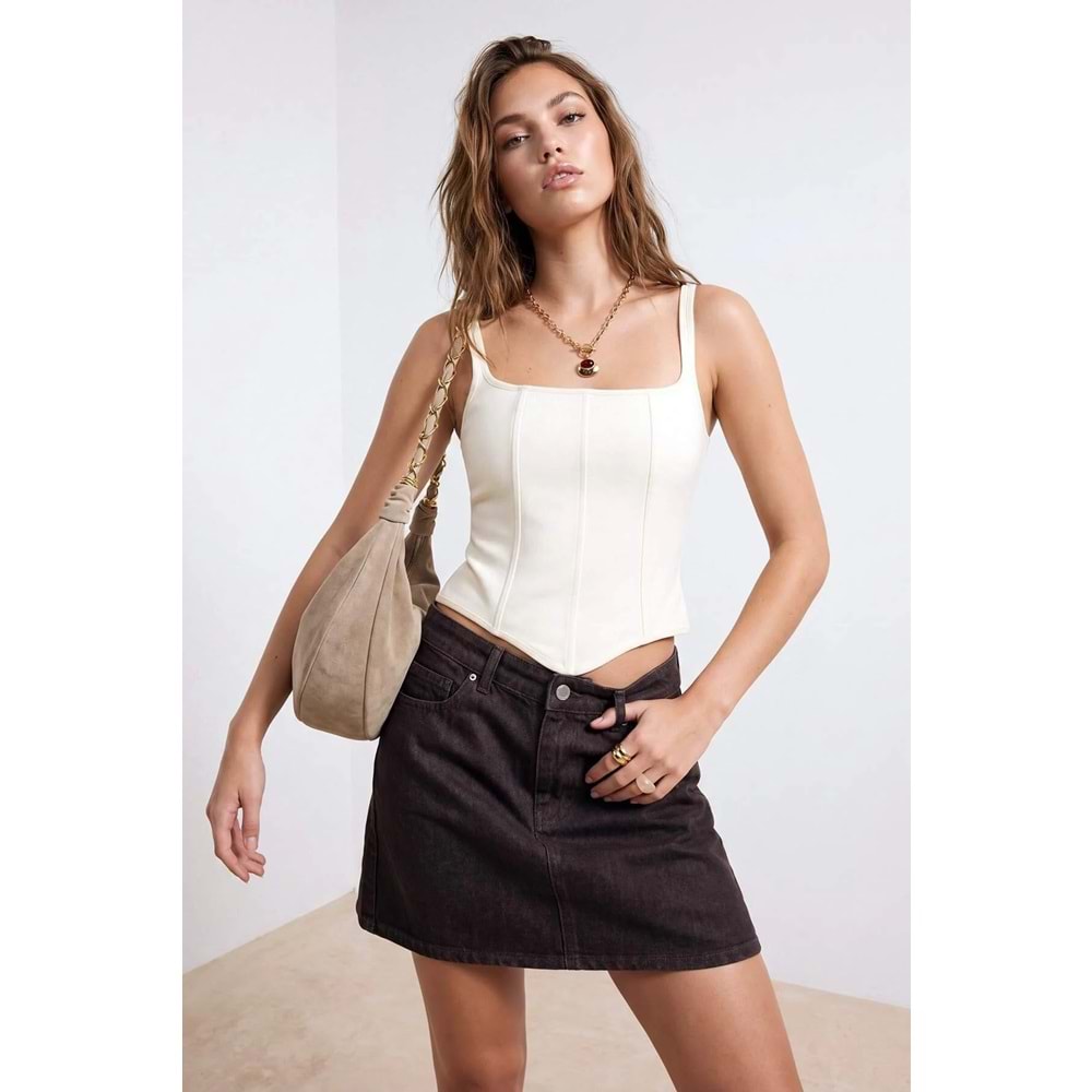 Kahverengi Mini Basic Denim Etek