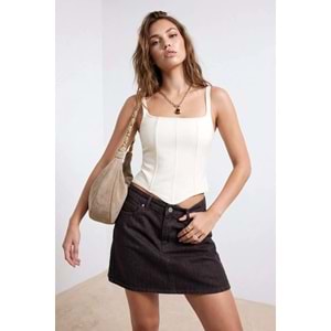 Kahverengi Mini Basic Denim Etek