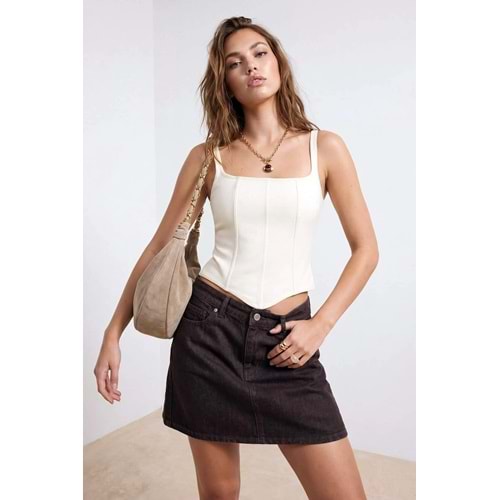 Kahverengi Mini Basic Denim Etek