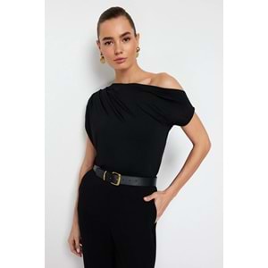 Trendyolmilla Siyah Asimetrik Yaka Sıfır Kol Esnek Örme Bluz