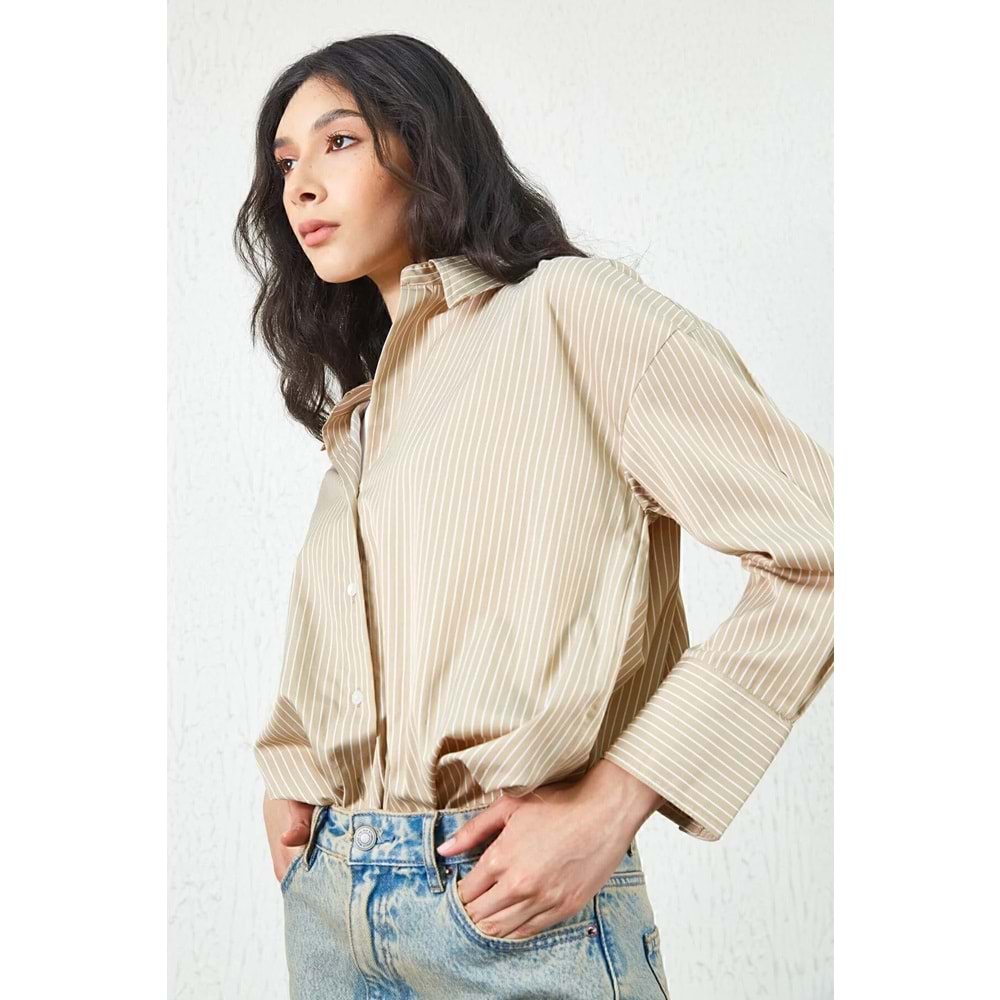 Bej Ince Çizgili Pamuk Saten Oversize Rahat Kalıp Kadın Basic Gömlek