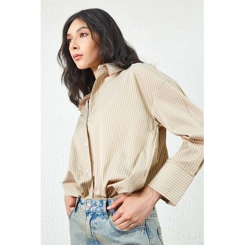 Bej Ince Çizgili Pamuk Saten Oversize Rahat Kalıp Kadın Basic Gömlek