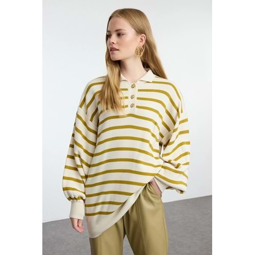 Trendyolmilla Modest Yağ Yeşil Çizgili Balon Kollu Polo Yaka Triko Kazak