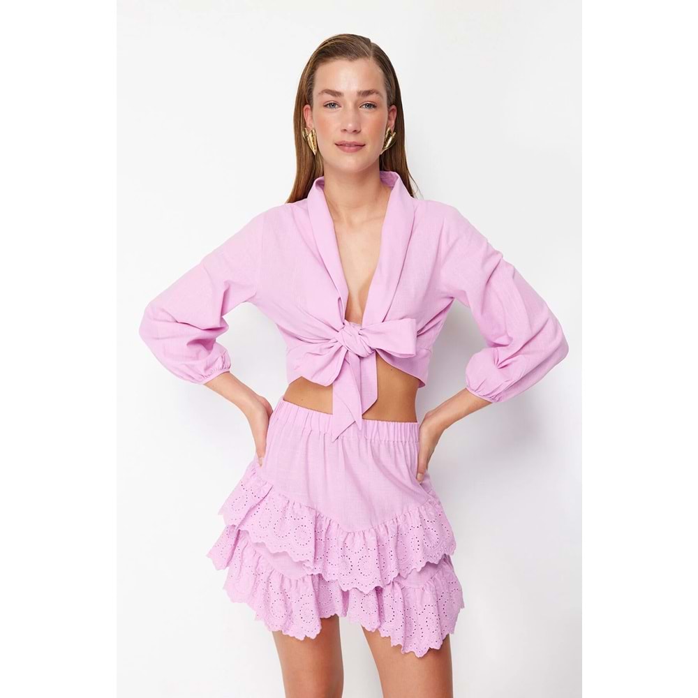 Pembe Dokuma Bağlamalı Plaj Crop Bluz