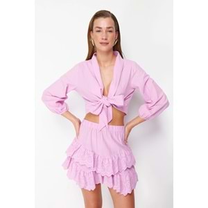 Pembe Dokuma Bağlamalı Plaj Crop Bluz