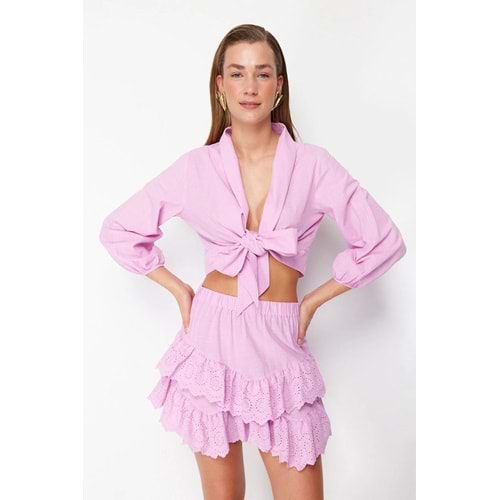 Pembe Dokuma Bağlamalı Plaj Crop Bluz