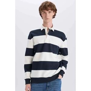 Defacto Boxy Fit Polo Yaka Çizgili Sweatshirt