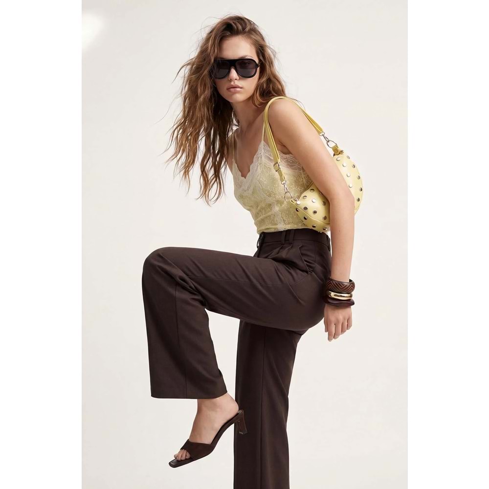 Trendyolmilla Koyu Kahverengi Wide Leg/Geniş Paça Palazzo Pilili Dokuma Kumaş Pantolon