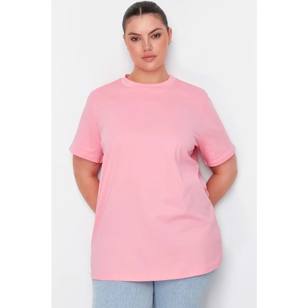 Trendyolmilla Curve Pembe Yakası Ribanalı Boyfriend %100 Pamuk Örme T-shirt