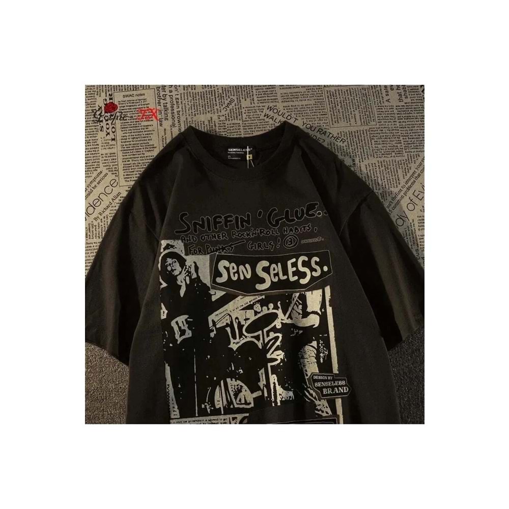 Grunge Desenli Siyah Renkli Harajuku Unisex Oversize T-shirt