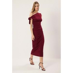 Bordo Fitted/Vücuda Oturan Örme Maxi Esnek Kalem Elbise