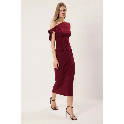 Bordo Fitted/Vücuda Oturan Örme Maxi Esnek Kalem Elbise