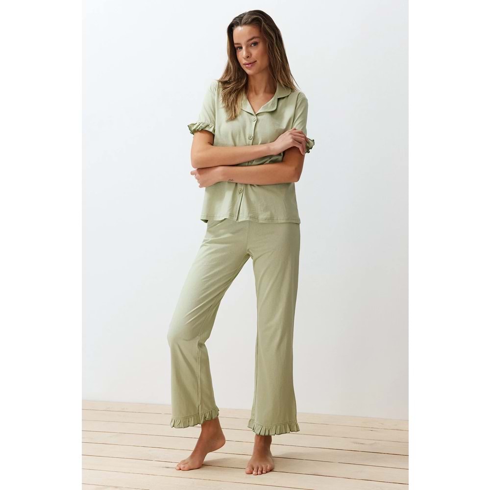 Trendyolmilla Mint %100 Pamuklu Fırfır Detaylı Örme Pijama Takımı