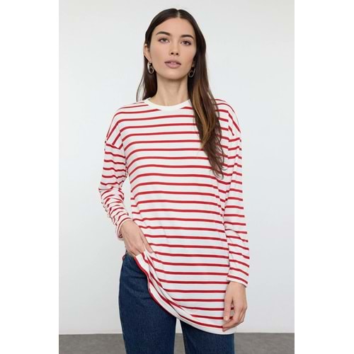 Trendyolmilla Modest Kırmızı Çizgili Örme Tunik