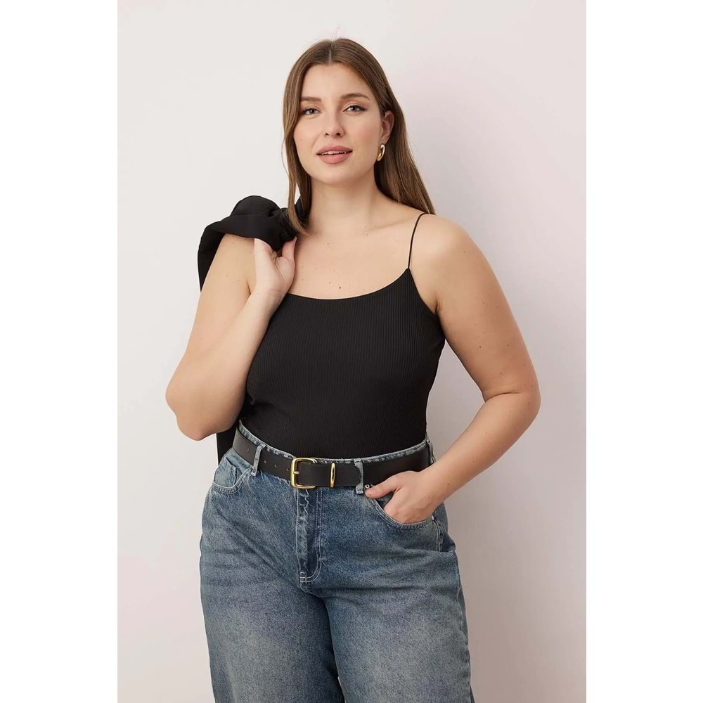 Spagetti Askılı Crop Fitilli Örme Büyük Beden Bluz