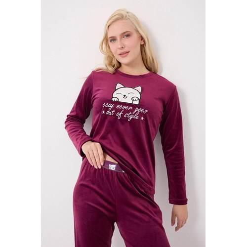 TURAY Stella Lauren Kadife Uzunkol Kadın Mürdüm Pijama Takımı