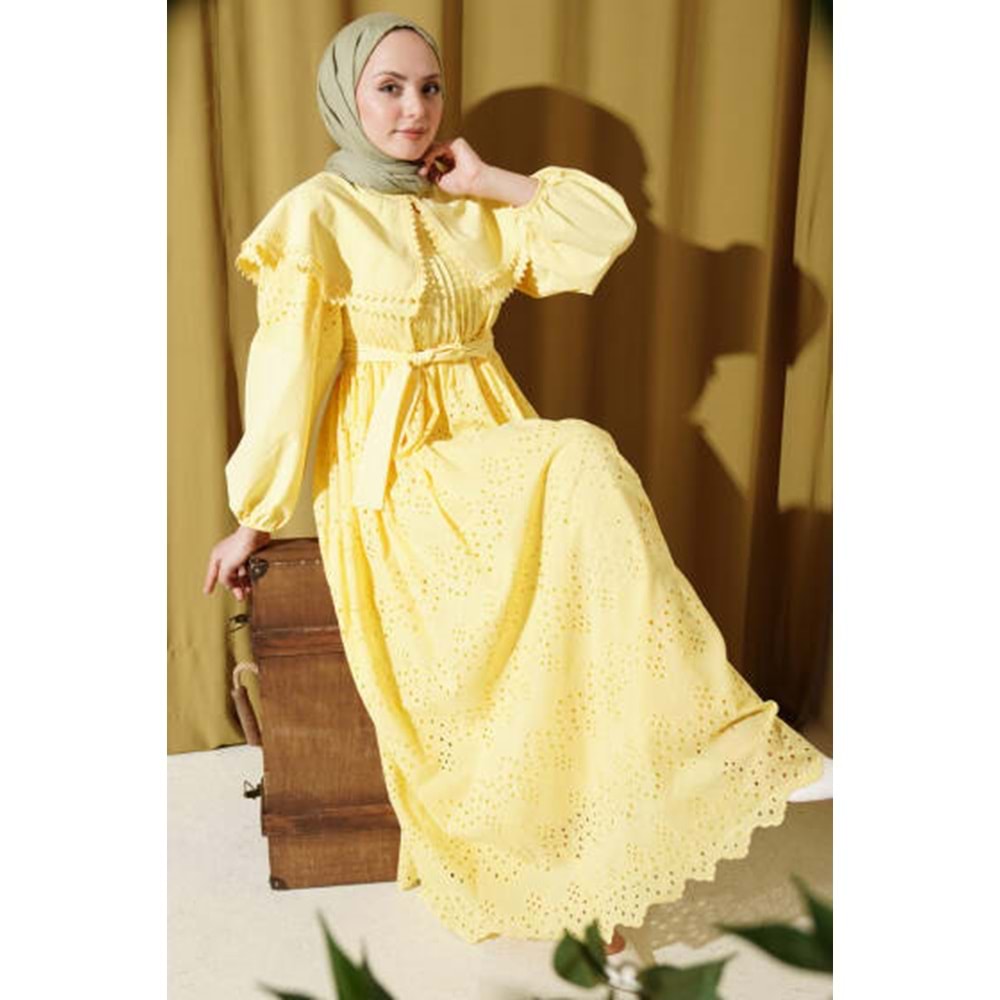 Bebe Yaka Brode Detaylı Elbise Sarı