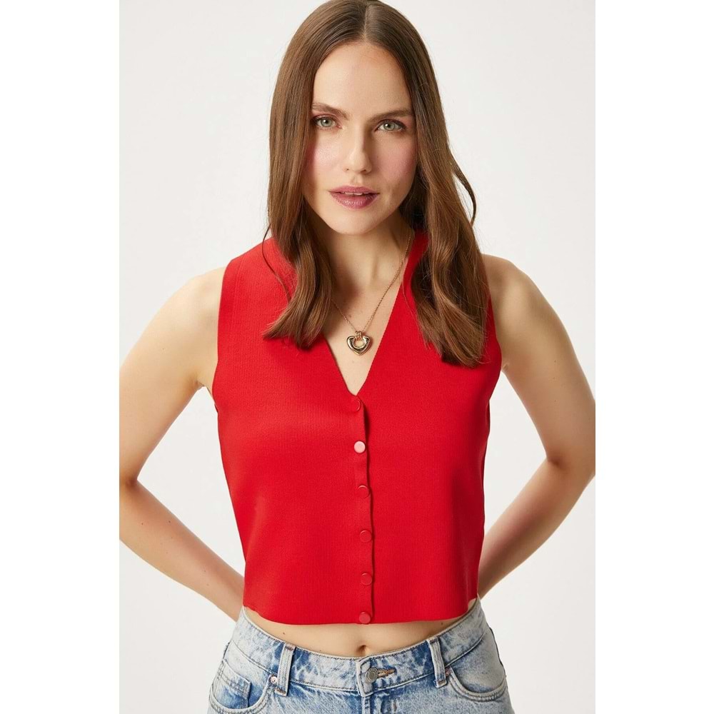 Kadın Petite Çıtçıtlı Crop Kırmızı Triko Yelek