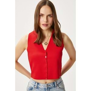Kadın Petite Çıtçıtlı Crop Kırmızı Triko Yelek